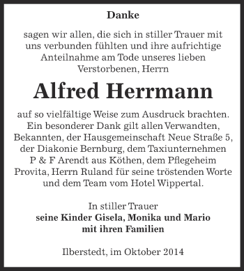 Traueranzeige von Alfred Herrmann von Super Sonntag Bernburg