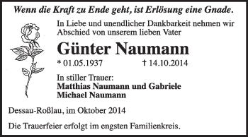 Traueranzeige von Günter Naumann von Super Sonntag Dessau / Köthen