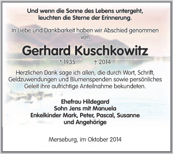 Traueranzeige von Gerhard Kuschkowitz von Super Sonntag Merseburg