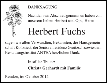 Traueranzeige von Herbert Fuchs von Super Sonntag Zeitz