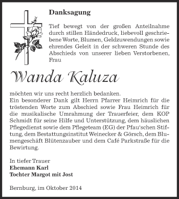 Traueranzeige von Wanda Kaluza von Super Sonntag Bernburg