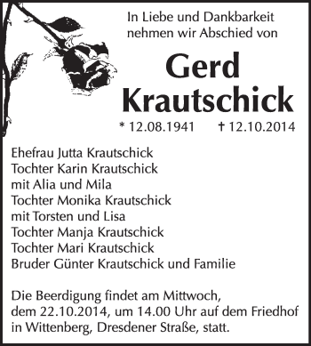 Traueranzeige von Gerd Krautschick von WVG - Wochenspiegel Wittenberg