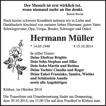 Traueranzeige von Hermann Müller von Super Sonntag Dessau / Köthen