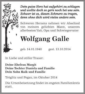 Traueranzeige von Wolfgang Galle von Super Sonntag Zeitz