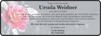 Traueranzeige von Ursula Weidner von Super Sonntag SGH Mansf. Land