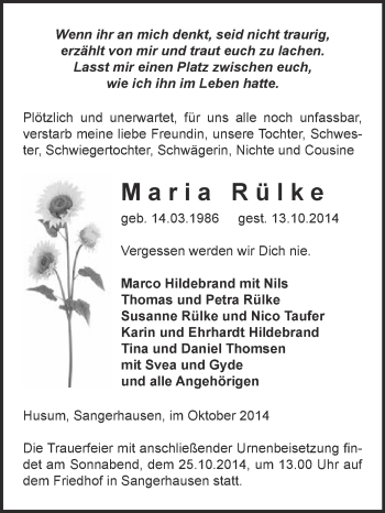 Traueranzeige von Maria Rülke von Super Sonntag SGH Mansf. Land