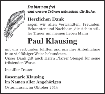 Traueranzeige von Paul Klausing von WVG - Wochenspiegel SGH