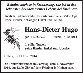 Traueranzeige von Hans-Dieter Hugo von Super Sonntag Dessau / Köthen