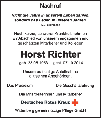 Traueranzeige von Horst Richter von Super Sonntag Wittenberg