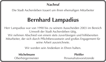 Traueranzeige von Bernhard Hermann Lampadius von Wochenspiegel
