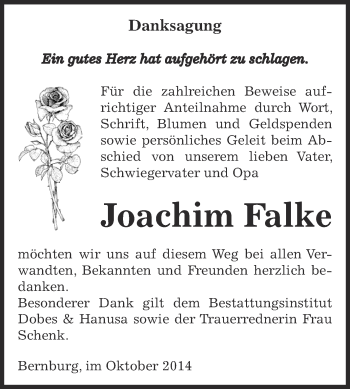 Traueranzeige von Joachim Falke von Super Sonntag Bernburg