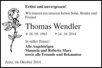 Traueranzeige von Thomas Wendler von Super Sonntag Zeitz