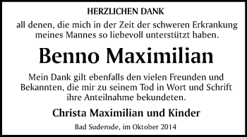 Traueranzeige von Benno Maximilian von WVG - Wochenspiegel Quedlinburg