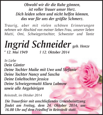 Traueranzeige von Ingrid Schneider von WVG - Wochenspiegel Quedlinburg