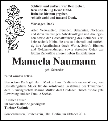 Traueranzeige von Manuela Naumann von WVG - Wochenspiegel Quedlinburg