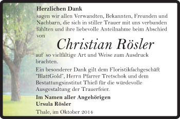 Traueranzeige von Christian Rösler von Super Sonntag Quedlinburg