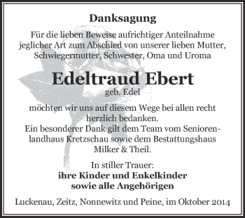Traueranzeige von Edeltraud Ebert von Super Sonntag Zeitz