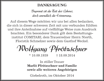 Traueranzeige von Wolfgang Pfrötzschner von Super Sonntag Zeitz