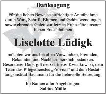 Traueranzeige von Liselotte Lüdigk von Super Sonntag Dessau / Köthen