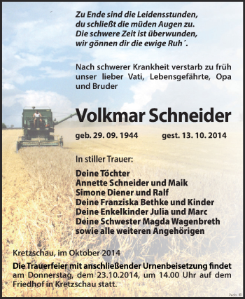 Traueranzeige von Volkmar Schneider von Super Sonntag Zeitz