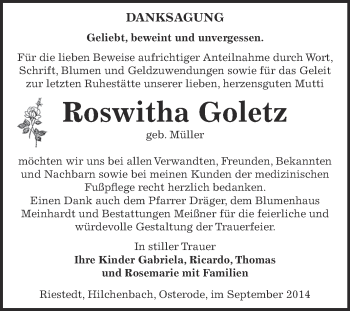 Traueranzeige von Roswitha Goletz von Super Sonntag SGH Mansf. Land