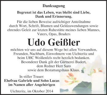 Traueranzeige von Udo Geißler von WVG - Wochenspiegel NMB / WSF / ZTZ