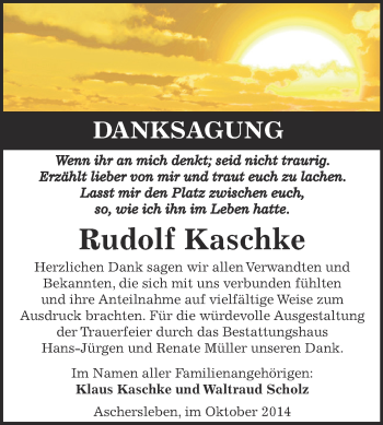 Traueranzeige von Rudolf Kaschke von WVG - Wochenspiegel Aschersleben