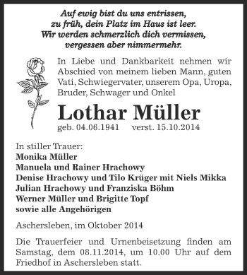 Traueranzeige von Lothar Müller von WVG - Wochenspiegel Aschersleben