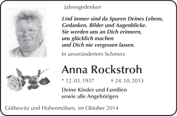 Traueranzeige von Anna Rockstroh von WVG - Wochenspiegel NMB / WSF / ZTZ