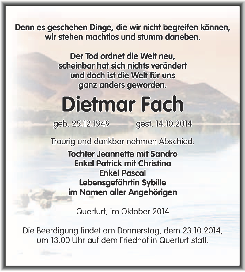  Traueranzeige für Dietmar Fach vom 19.10.2014 aus WVG - Wochenspiegel Merseburg