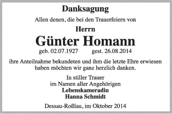 Traueranzeige von Günter Homann von Super Sonntag Dessau / Köthen