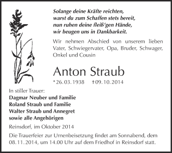 Traueranzeige von Anton Straub von WVG - Wochenspiegel NMB / WSF / ZTZ
