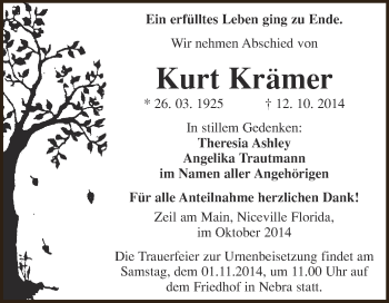Traueranzeige von Kurt Krämer von WVG - Wochenspiegel NMB / WSF / ZTZ