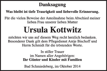 Traueranzeige von Ursula Kottwitz von WVG - Wochenspiegel Wittenberg