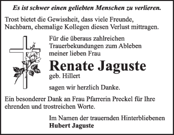Traueranzeige von Renate Jaguste von Super Sonntag Dessau / Köthen