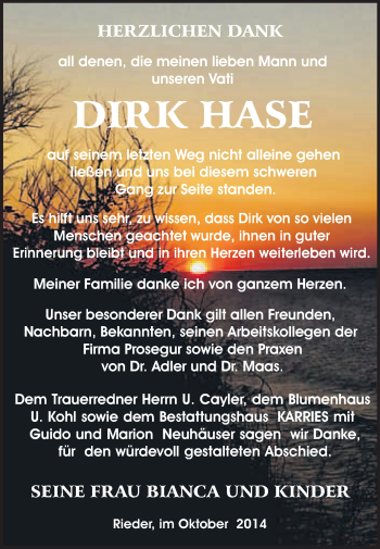 Traueranzeige von Dirk Hase von WVG - Wochenspiegel Quedlinburg