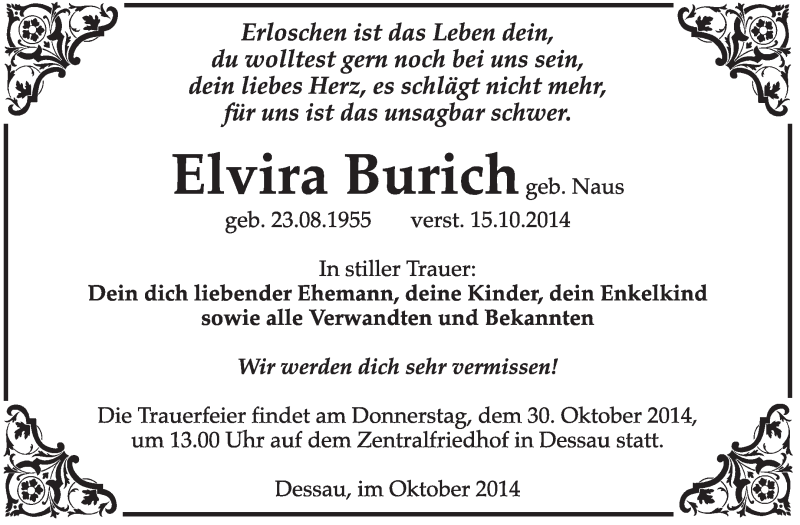  Traueranzeige für Elvira  Burich vom 19.10.2014 aus Super Sonntag Dessau / Köthen