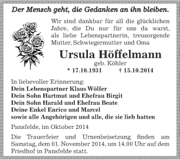 Traueranzeige von Ursula Höffelmann von Wochenspiegel Mansfelder Land