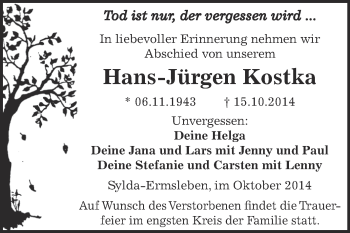 Traueranzeige von Hans-Jürgen Kostka von Wochenspiegel Mansfelder Land