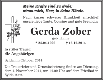 Traueranzeige von Gerda Zober von Wochenspiegel Mansfelder Land