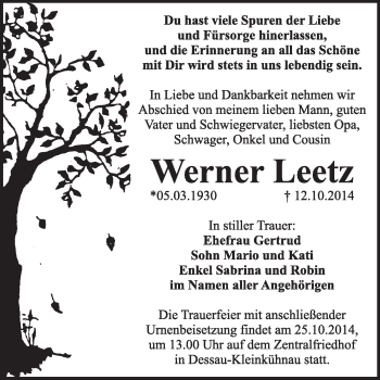 Traueranzeige von Werner Leetz von Super Sonntag Dessau / Köthen