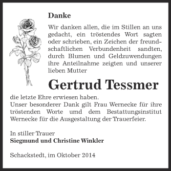 Traueranzeige von Gertrud Tessmer von Super Sonntag Bernburg