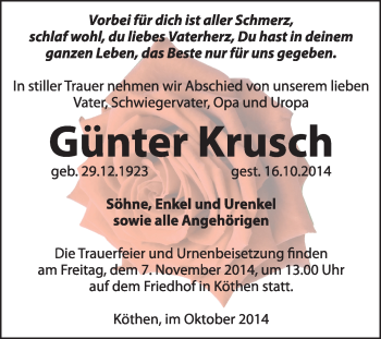 Traueranzeige von Günter Krusch von Super Sonntag Dessau / Köthen