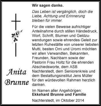 Traueranzeige von Anita Brunne von Super Sonntag Aschersleben
