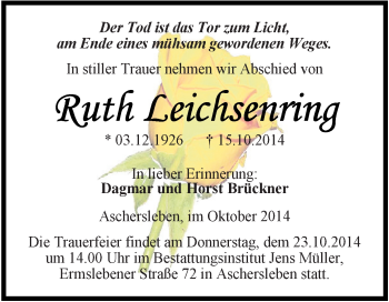 Traueranzeige von Ruth Leidsenring von Super Sonntag Aschersleben