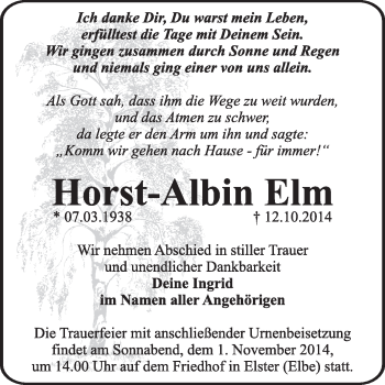 Traueranzeige von Horst-Albin Elm von WVG - Wochenspiegel Wittenberg