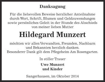 Traueranzeige von Hildegard Munzert von WVG - Wochenspiegel SGH