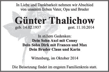 Traueranzeige von Günter Thalichow von WVG - Wochenspiegel Wittenberg