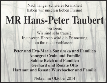 Traueranzeige von Hans-Peter Taubert von WVG - Wochenspiegel NMB / WSF / ZTZ