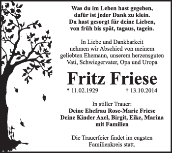 Traueranzeige von Fritz Friese von Super Sonntag Dessau / Köthen